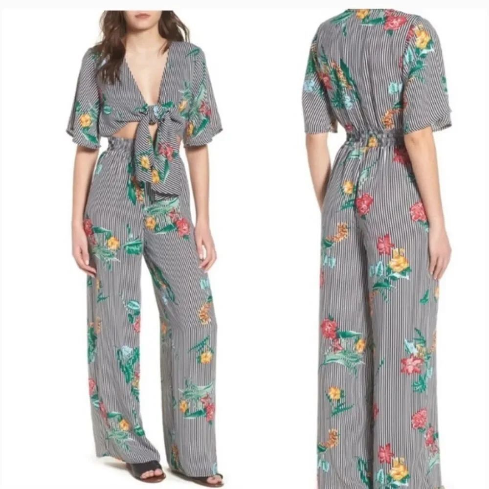 L’ATISTE black striped floral tie front jumpsuit M